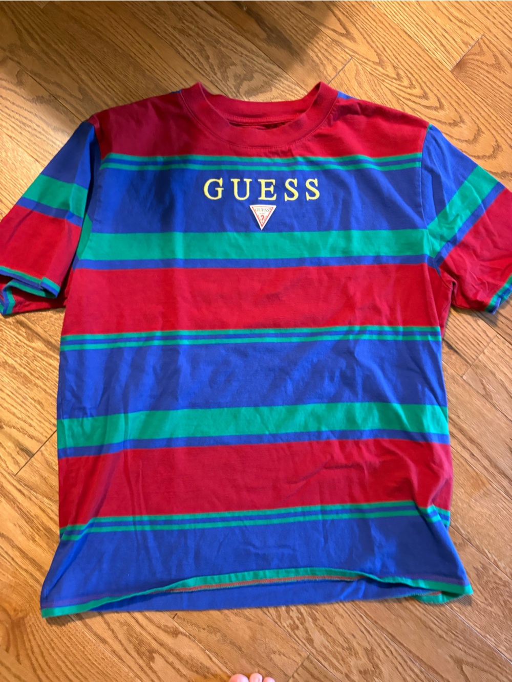 Guess Striped Tee in Red, Blue, Green & Yellow Logo